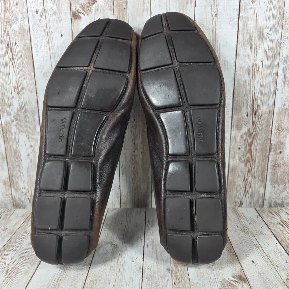 Prada Mens Brown Leather Driving Loafers Slip On Designer Moccasins Italy